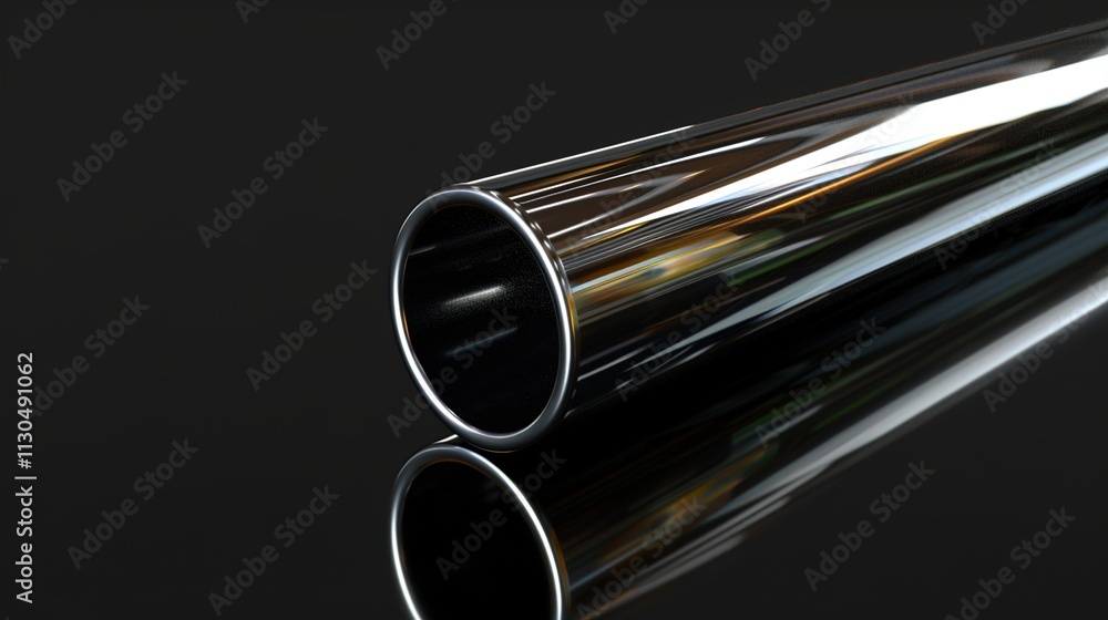 A polished steel pipe with reflections on a solid black background.