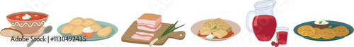Collection of traditional Ukrainian dishes salo, borsch, varenyky, deruny, holubtsy, compote. Colorful illustration with national ukrainian cuisine