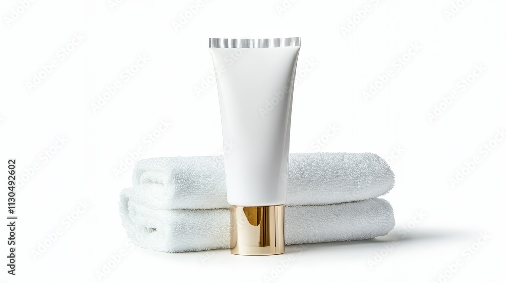 Naklejka premium Clean Skincare Tube and Towels - Spa, hygiene, purity, freshness, wellness. Soft towels and a clean skincare tube symbolize a relaxing and rejuvenating experience.