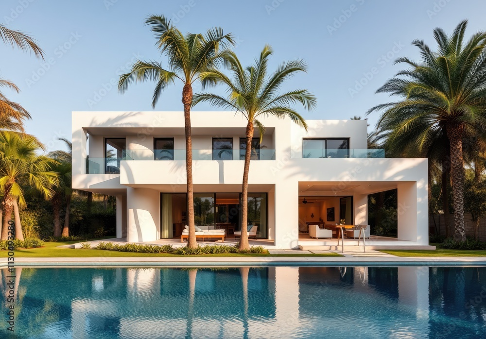 Fototapeta premium Exterior of amazing modern minimalist cubic villa with large swimming pool among palm trees