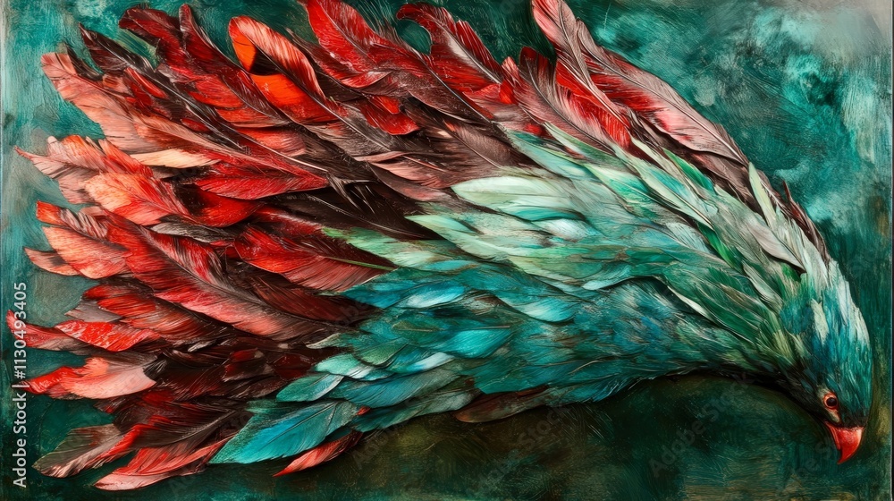 Obraz premium Close-up of a turaco feather, blending shades of bright green and red with a velvety texture