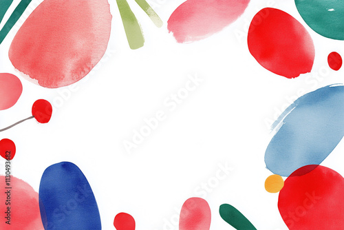 Minimalistic watercolor frame in a childlike style with red, blue, and green abstract shapes on a white background. Perfect for kids’ art, creative projects, or invitations, featuring a large copy spa
