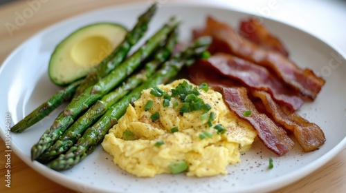 Paleo breakfast featuring scrambled eggs, grilled asparagus, crispy bacon, and fresh avocado slices, served on a light wooden table photo