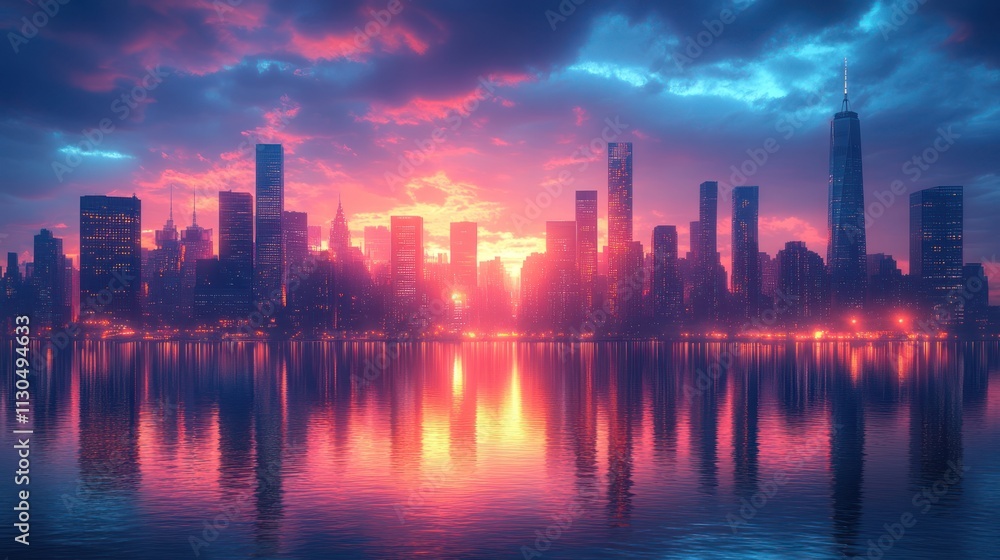 Fototapeta premium Vibrant sunset cityscape reflected in calm water. (1)