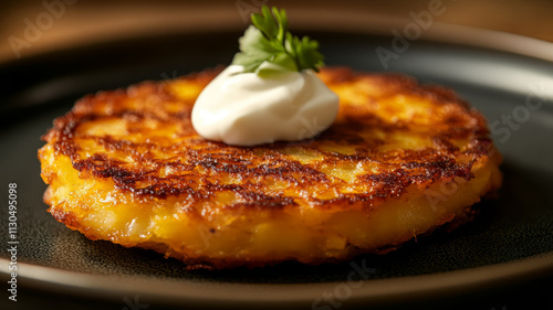 Crispy potato pancake with sour cream and parsley photo