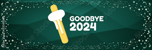 vector goodbye 2024 hello 2025 year vector banner with melt ice cream isolated on horizontal green background. End of the 2024 year horizontal banner background and poster