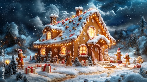 Festive Gingerbread House in a Snowy Christmas Night Scene photo