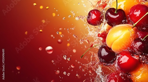 Cherries and apricots splashing in vibrant juice photo