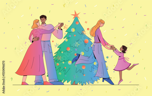 Interracial family with adults and children celebrating near decorated Christmas tree. Male dark-skinned character dancing. Festive confetti in background. Flat vector illustration of holiday scene.