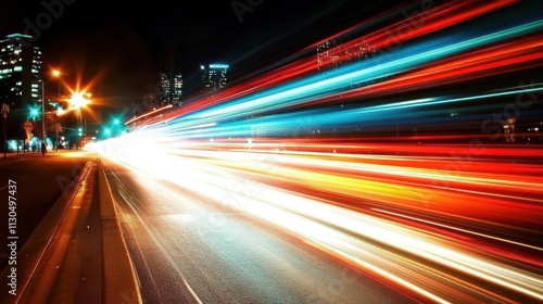 Nighttime urban traffic captured with striking light trails.