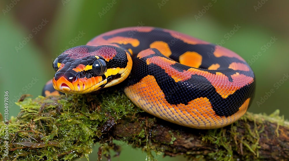 Obraz premium Vibrant orange and black snake coiled on mossy branch.