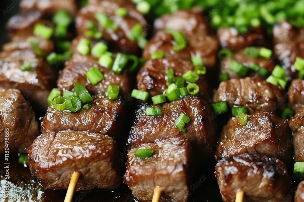 Grilled meat skewers, sprinkled with chopped green onions, dark textured background Grilled meat skewers, sprinkled with chopped green onions, dark textured background