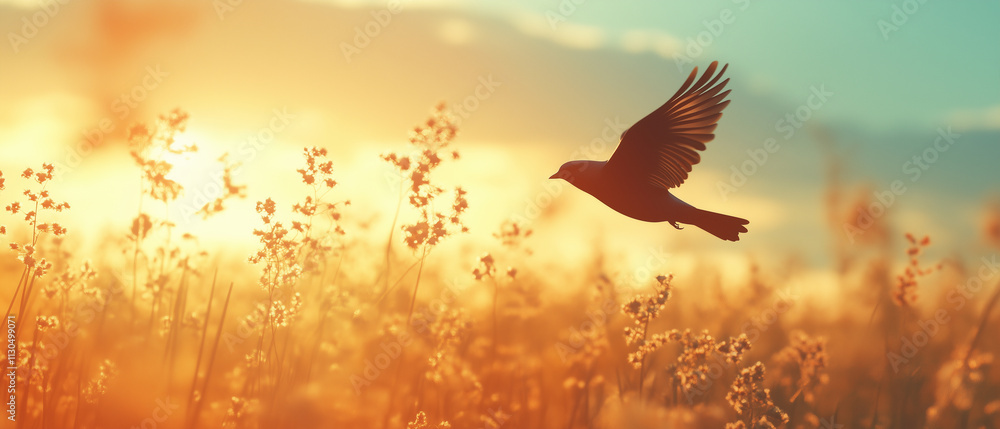 Fototapeta premium Bird in Flight at Sunset.