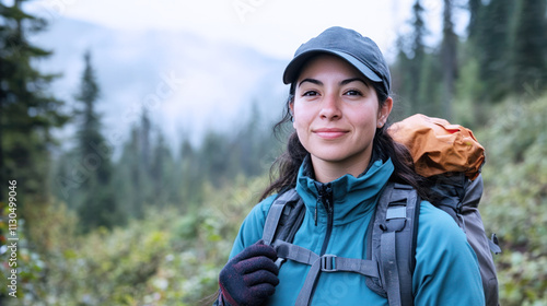 Hispanic woman forest ranger with a rugged at foggy dense forest conservation photo