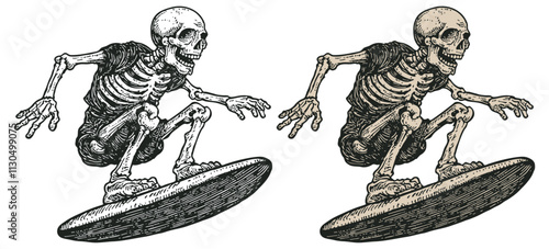 Skeleton on a surfboard, engraving style, vector illustration.