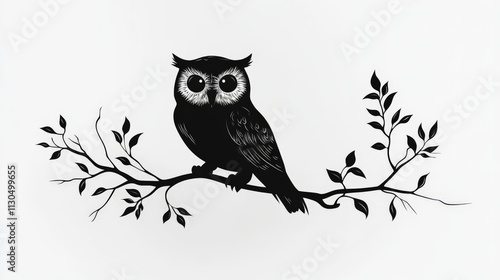 A flat, black and white 2D vector of an owl perched on a branch, minimalist and clean lines, white background photo