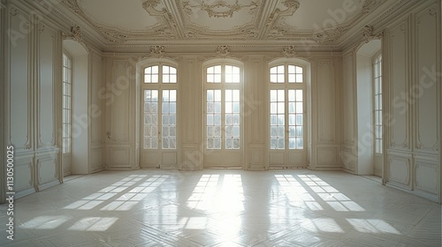 Large, empty room of a private house, white, classic interior, window.