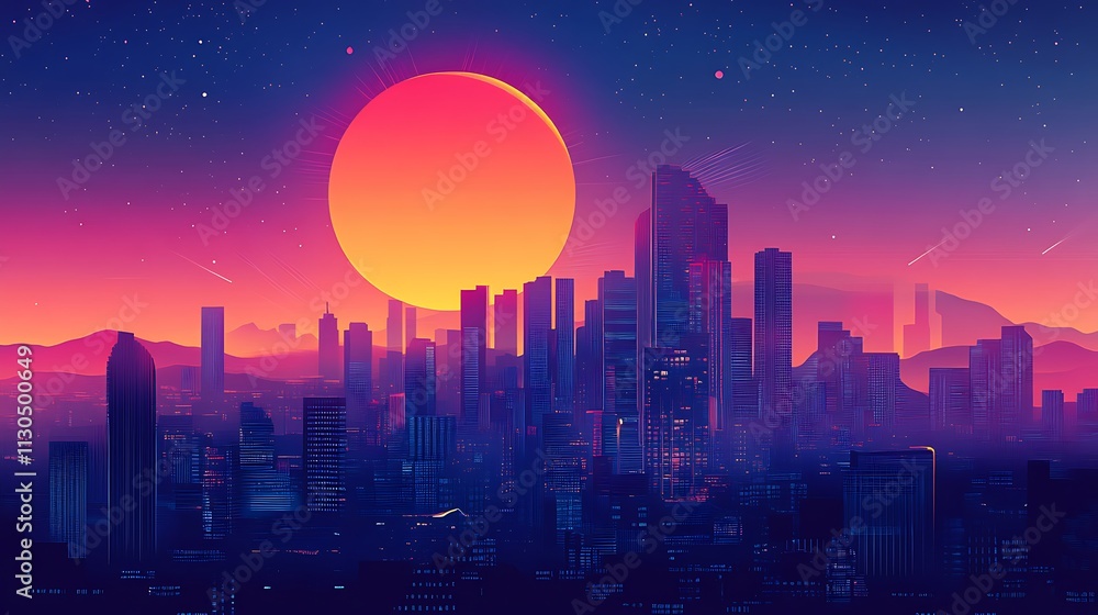 Fototapeta premium Neon Cityscape at Sunset with a Large, Vibrant Sun