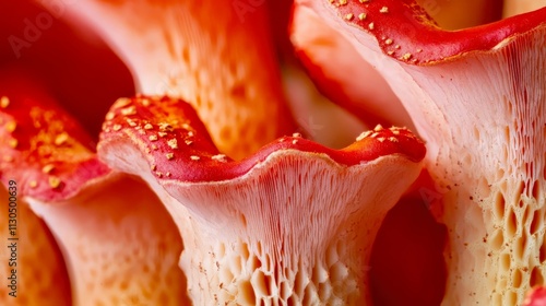 Detailed shot of bright red cinnabar chanterelles, their tiny caps vibrant and striking photo