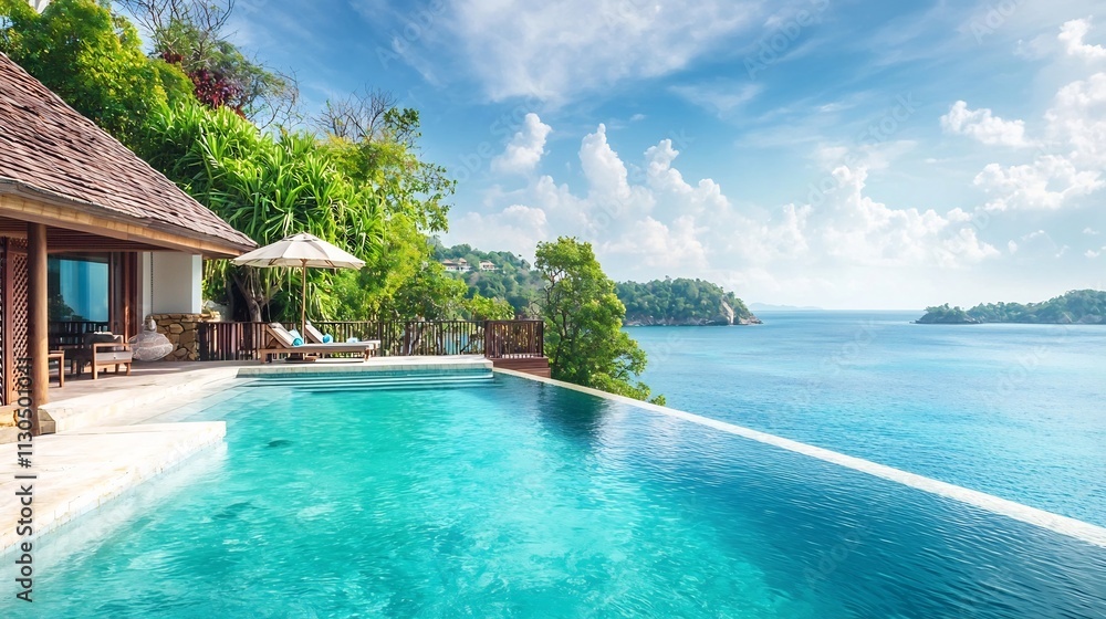 Fototapeta premium Luxurious Poolside Oasis in the Secluded Ocean Resort Offering Peaceful Solitude and Tranquil Escape Exclusive and private island getaway with stunning views of the open sea and serene
