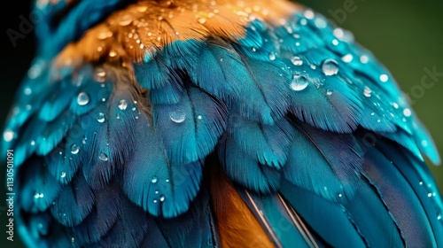 Detailed view of a kingfisher feather, its vivid blue and bronze tones shimmering beautifully photo