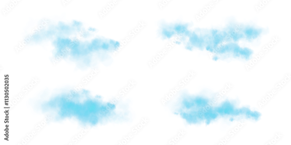 Obraz premium Set of realistic blue clouds. Fog and smoke isolated on transparent background. Cloud, nature sky. Weather element or drawing. Cloud texture, smoke wave, fog nature. Fluffy smoke.