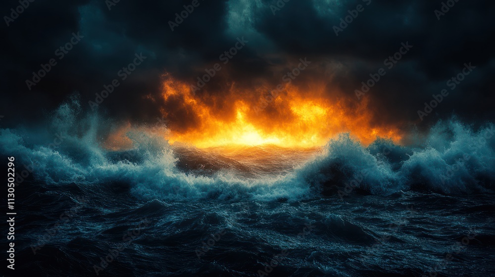 Fototapeta premium Fiery sunset over stormy ocean waves.