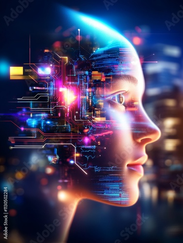 Futuristic Neural Design: Digital Human Face - A futuristic portrait symbolizing AI, technology,  innovation,  humanity, and the digital age.  A blend of human and machine.