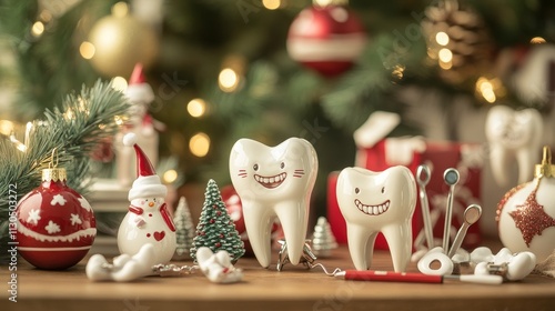 Tooth figurines and dental tool for christmas and new year 2024, top view. holiday medical concept
