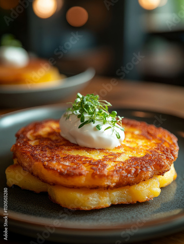 Crispy potato pancake garnished with sour cream and herbs. photo