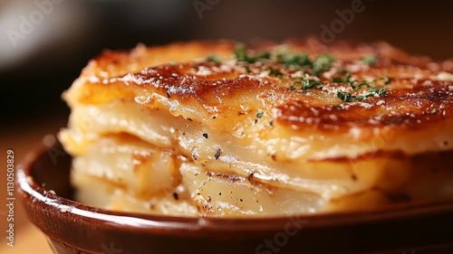 Close-up of potato gratin with crispy top. photo