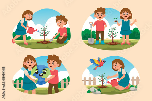 Earth day hand drawn mini compositions set