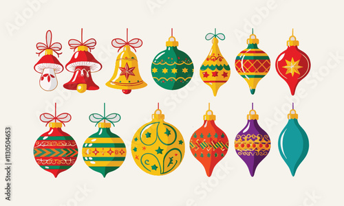 Collection of Christmas ornament elements, Collection of colorful Christmas decorations, balls, stars, and ornaments. Symbols and elements are isolated and easily editable.