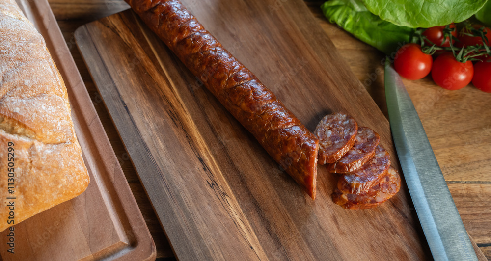 Fototapeta premium A composition of vegetable and sausages on the table