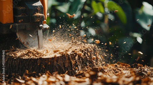 Tree stump grinding machine in action creating woodchips