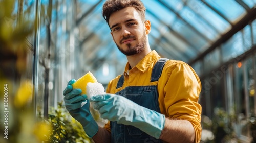 Cleaner in overalls and gloves cleaning glasshouse
