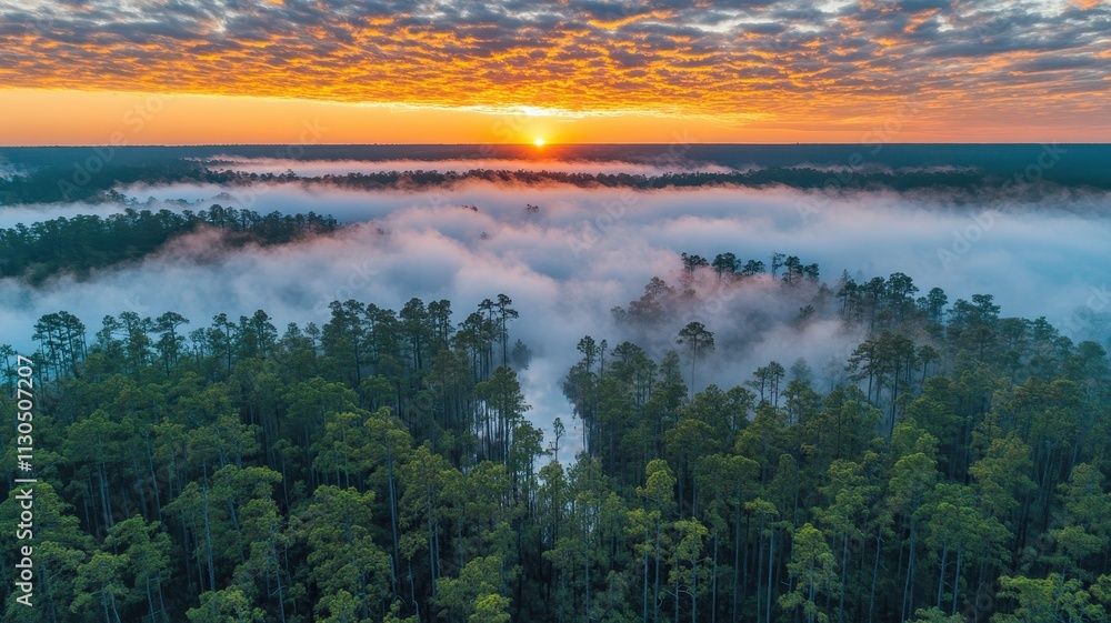Fototapeta premium Fog rolling over tranquil forest at sunrise aerial view nature photography serene environment peaceful concept