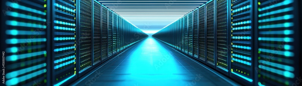 Obraz premium A futuristic data center corridor illuminated by blue lights, showcasing rows of servers and creating a tech-driven atmosphere.