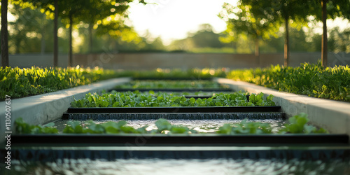 Close-up of multi-layered water harvesting system, bioswales and retention ponds, stormwater management, natural landscape photo