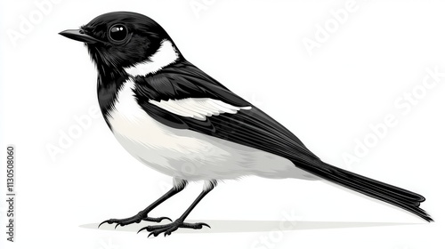 A simple black and white 2D cartoon of a bird perched, flat vector style, with a plain white background. photo