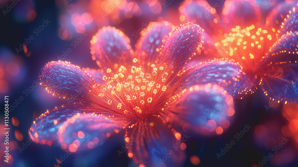 Fototapeta premium Vibrant Neon Fireworks Accents Close-Up of a Flower with Many Lights in a Modern Style for Creative and Professional Photography in the Commercial Market