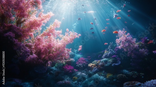 High-definition image quality. real photo, The coral reef underwater is so beautiful it feels like a fairy tale, with various pretty small fish swimming around 