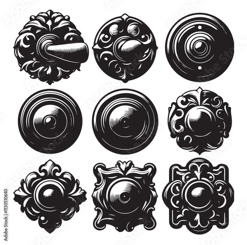 door knob set. Modern door handle Silhouette vector illustration
