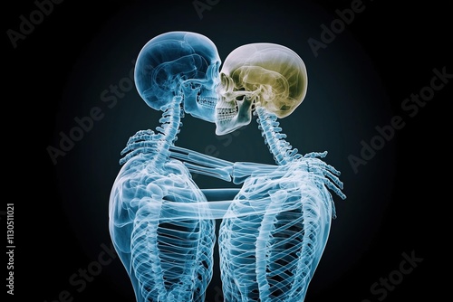 Skeletal Embrace: Digital X-Ray Depiction of Two Skeletons Embracing in a Tender Kiss, Symbolizing Eternity and Love Beyond Life photo