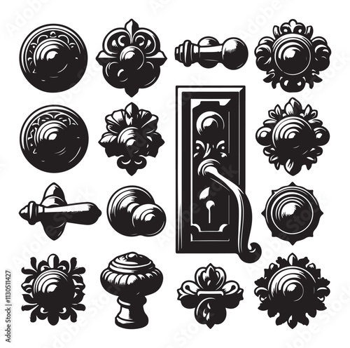 door knob set. Modern door handle Silhouette vector illustration
