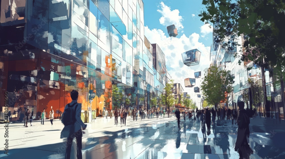 Obraz premium Modern city street scene, floating boxes, pedestrians.