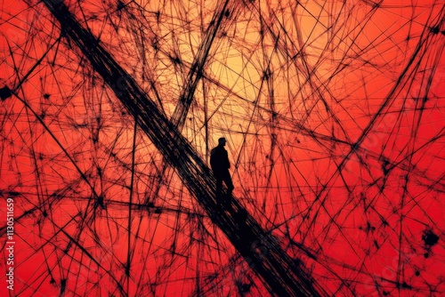 Tangled, chaotic black lines with glowing red accents, representing inner conflict and stress photo