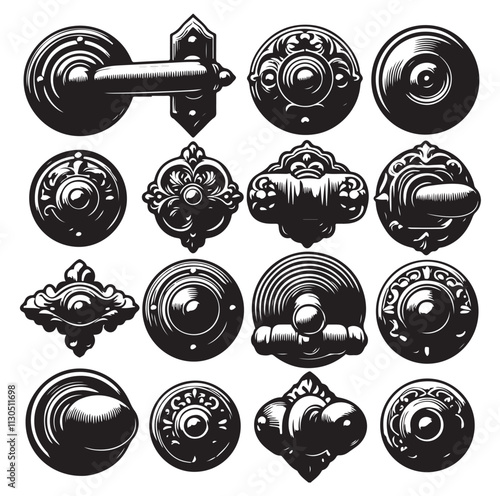 door knob set. Modern door handle Silhouette vector illustration
