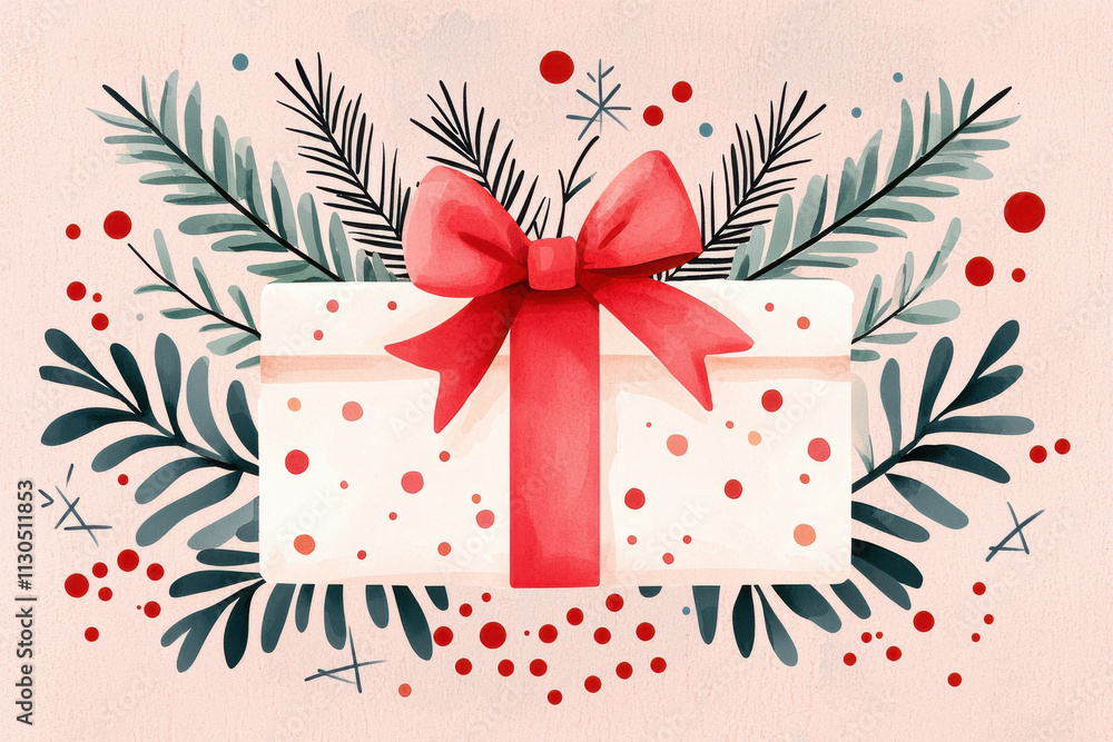 Obraz premium festive gift box adorned with red bow and greenery, perfect for holidays