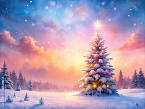 Wallpaper Mural Abstract watercolor Christmas scene: pink sky, snow-covered trees, captured by a drone; festive holiday background. Torontodigital.ca